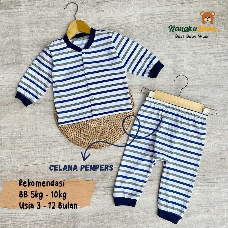 Setelan Harian Anak / Setelan Bayi Laki Laki & Perempuan Model Lengan Panjang Celana Panjang Kancing Depan Usia 3-12 Bulan Motif Salur