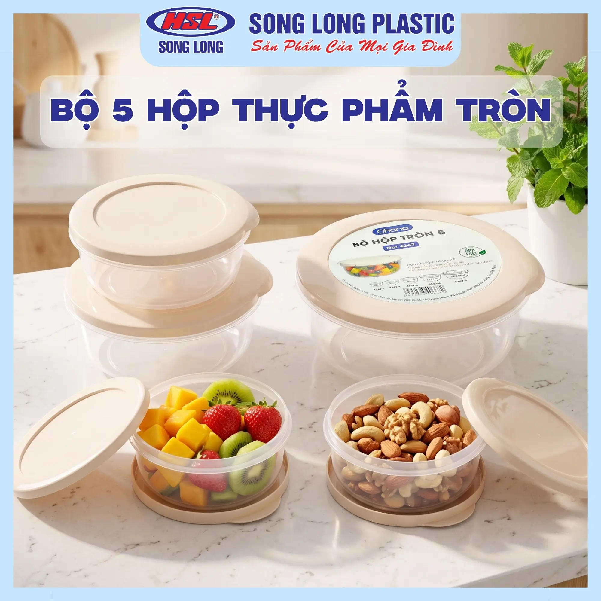 Bộ hộp 5 Tròn/ Bộ 3 Chữ Nhật Đựng Thực Phẩm Nhựa Song Long An Toàn Bảo Quản Tủ Lạnh, Hộp Bảo Quản Thức Ăn Chịu Nhiệt Tốt, Kín Hơi Chống Tràn, - Tiện Lợi MSP 4347/ 2221