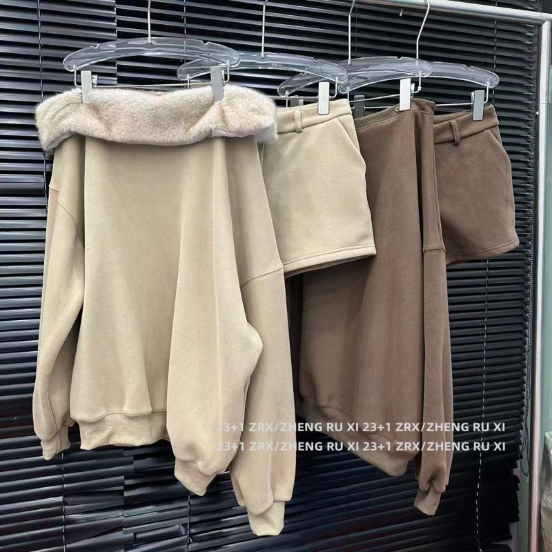  Bộ Đồ Hai Mảnh Thiết Kế Độc Đáo Cho Nữ Áo Nỉ Dáng Rộng Cổ Bất Đối Xứng Quần Đùi Có Cổ Lông Có Thể Tháo Rời 15164 