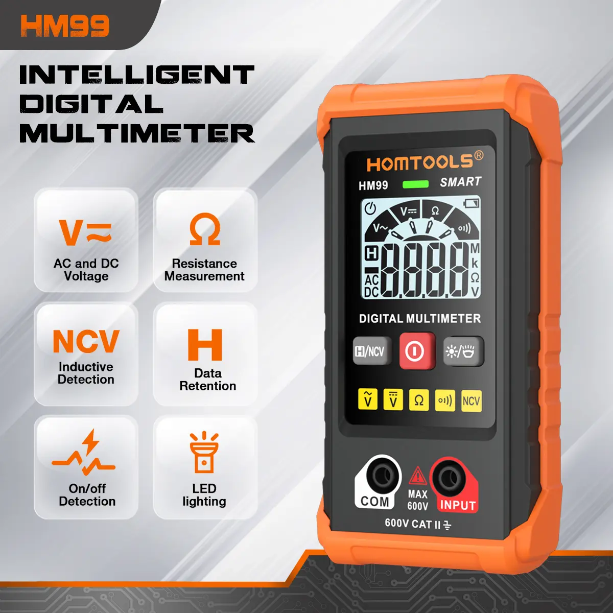 HOMTOOLS HM99 Digital Multimeter Auto Range 2,000 Counts True RMS AC/DC Voltage Resistance NCV Test