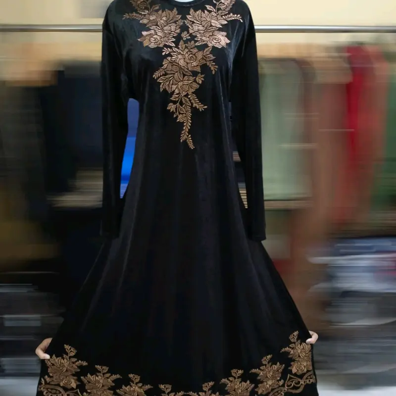 Gamis Abaya Bludru Premium Motif Bunga Mawar Terbaru Mewah Cantik Muslim Wanita Hitam Arab Dress Turki - Syari,Remaja Tangan Lembut Bordir 3