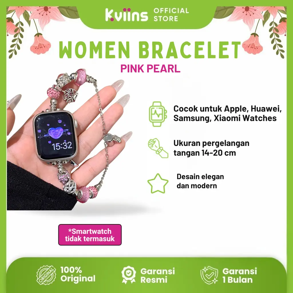 Kviins Strap Huawei Gelang Tali Jam Elegan Strap Huawei Band 9/8 Huawei Fit 3 Pink Pearl tali jam tangan smartwatch xiaomi 8/8Pro iWatch Women's Watch Bands | Stylish Straps for Huawei, Samsung, Xiaomi | _Watch Bracelet