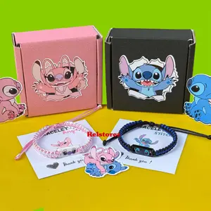 Relstorez Gelang Couple Aesthetic Stitch & Angel Free Box dan Sticker Bahan Satin 1mm & Acrylc Gaya Aksesoris Couple Adjustable Cocok untuk Couple Fashion Gift