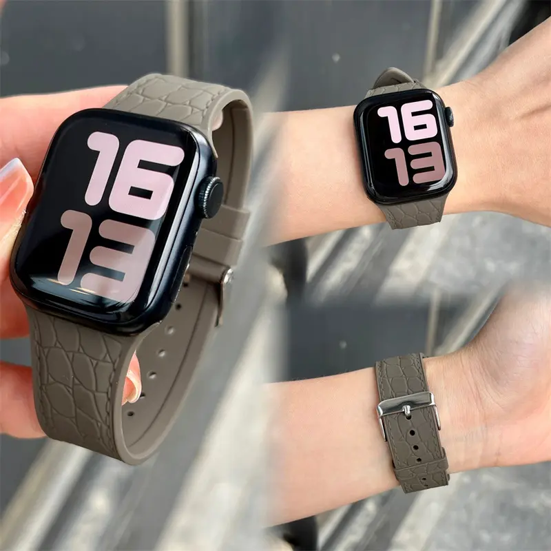 Dây đeo đồng hồ silicon với kết cấu cá sấu, dây đeo cho Apple Watch S9 /8/7/6/5/4/3/ 2 / 1 SE2 ULTRA, thiết kế khóa pin, dây đeo thay thế silicon mềm cho iWatch 49MM 45 44 42 41 40 38 7