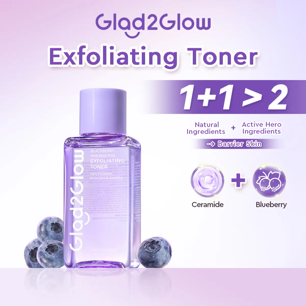 Glad2Glow Exfoliating Toner 80ml Blackberry AHA BHA PHA Daily | Gently Exfoliates  Removes Acnes & Bumps Komedo Mencerahkan Wajah Berjerawat Extract Blackhead Pencerah Beruntusan Acid Pengangkat