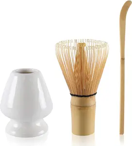 Set Teh Keramik 3in1 Matcha Chasen Bamboo Whisk Chashaku - D-31 - White