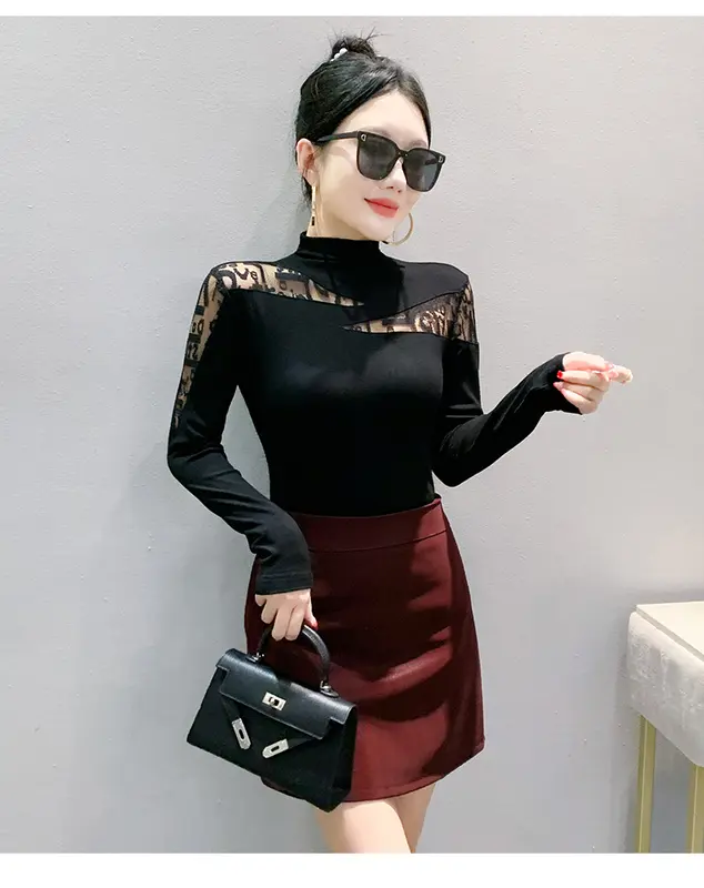 REHIN Áo Thun Cotton Dài Tay Bất Đối Xứng Phong Cách Hàn Quốc Mới Mùa Thu Đông, Dáng Ôm, Áo Nữ Thời Trang Top Women 6