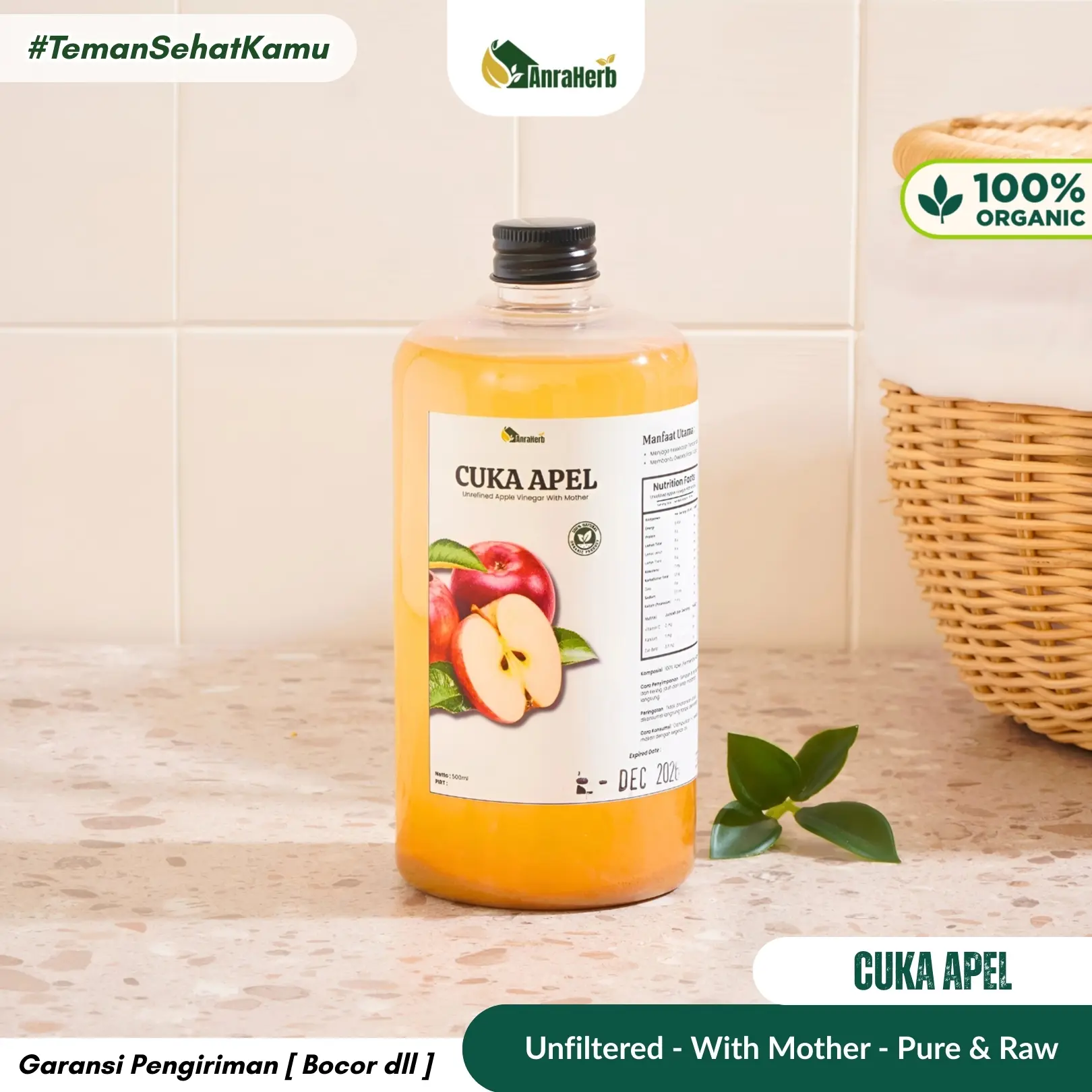 AnraHerb Cuka Apel Organik 500ml – Apple Cider Vinegar – Alami untuk Pencernaan & Jantung Sehat
