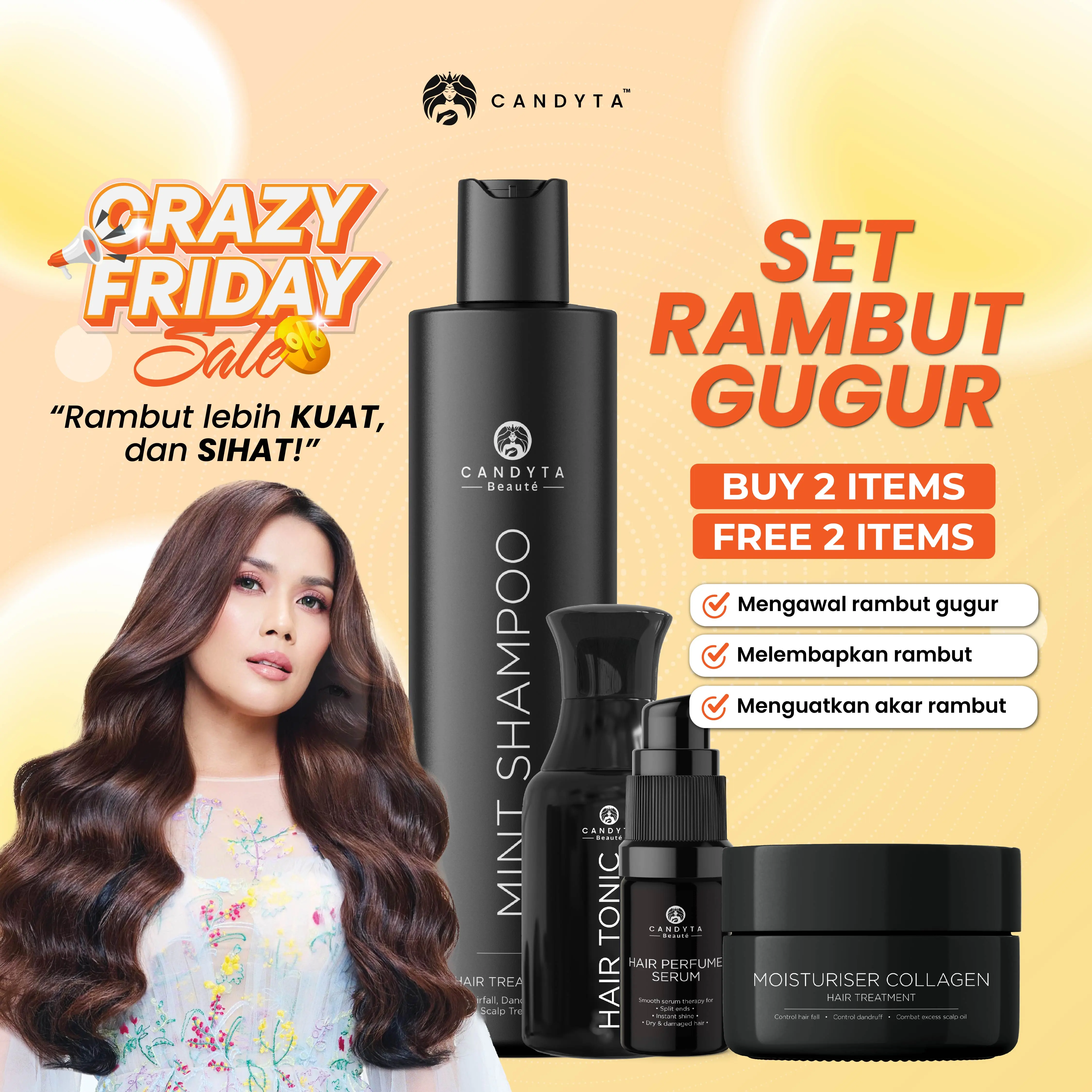 [SET RAMBUT GUGUR] CANDYTA Shampoo Tonic Serum Collagen Ratu Eira Syazira Rambut Rosak Rambut Gugur Rambut Kering Rambut Berkelemumur Haircare Conditioner [4 ITEMS]