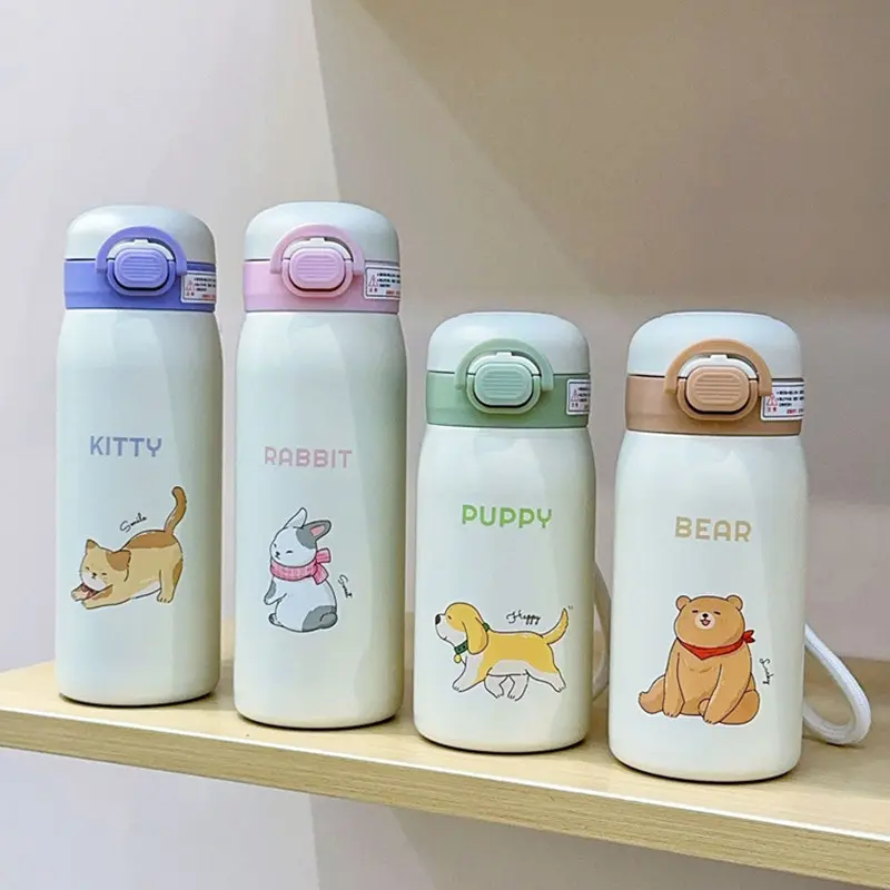 Hot pot stainless steel double cartoon straw portable cute design suitable for children and student thermos travel mug mug with 350ml and 500ml