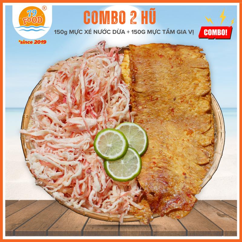 Combo 2 món gồm: 150g Khô Mực Cán Tẩm Gia Vị Nguyên Miếng + 150g Khô Mực Xé Sợi Hấp Hước Dừa 79Food - Snack Ăn Vặt Dried Snacks