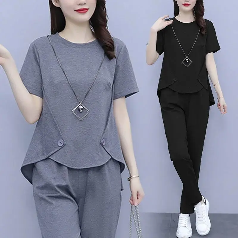 plus Size Women's Clothing for Fat People Loose Slim Fit Suit 2023 Summer Clothing for Fat Girls Fashion Simple Covering Belly Thin Two-Piece Suit