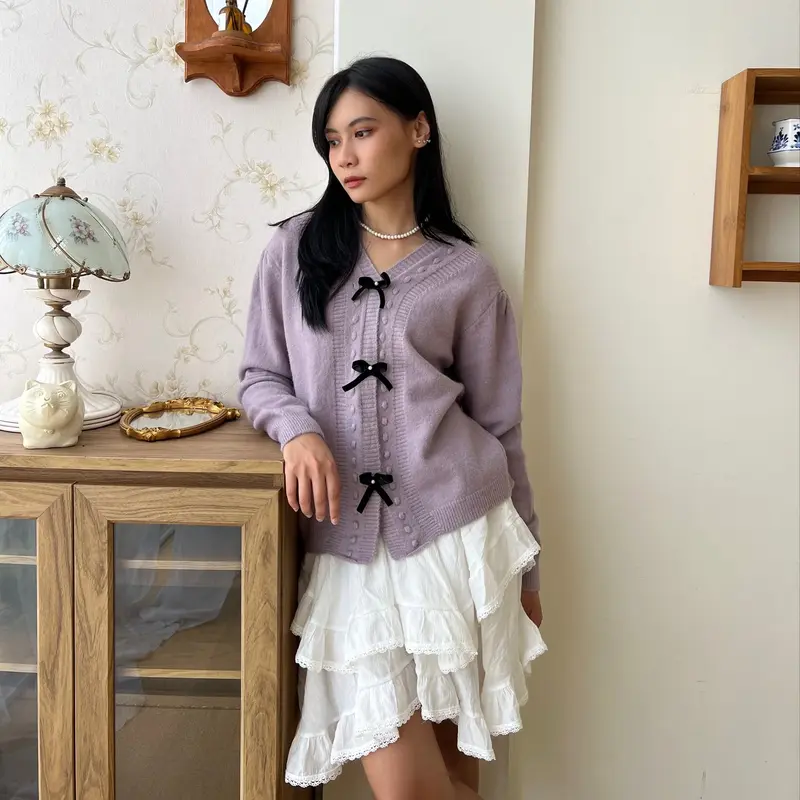 Belle Bow Knit Sweater Cardigan - Coquette Looks Rajut Pita - Bling It On Top Knitwear Wanita Atasan Panjang Kancing Baju 5