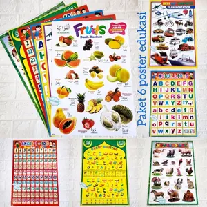Poster Edukasi Anak 6 Pcs - Belajar sambil Bermain (Angka, Huruf, Buah, Transportasi, Hewan, Hijaiyah)