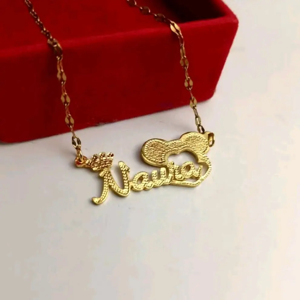 (Free cincin) CUSTOM KALUNG NAMA ukir grafir titanium anti karat lapis emas Emas Monel Perhiasan Gold Kulit set