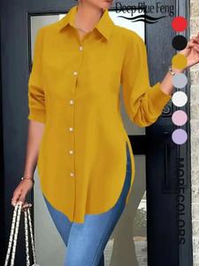 Camisa lisa de mujer con frente con botones y abertura lateral, top con cuello y manga larga casual para primavera y otoño, ropa de dama para uso diario