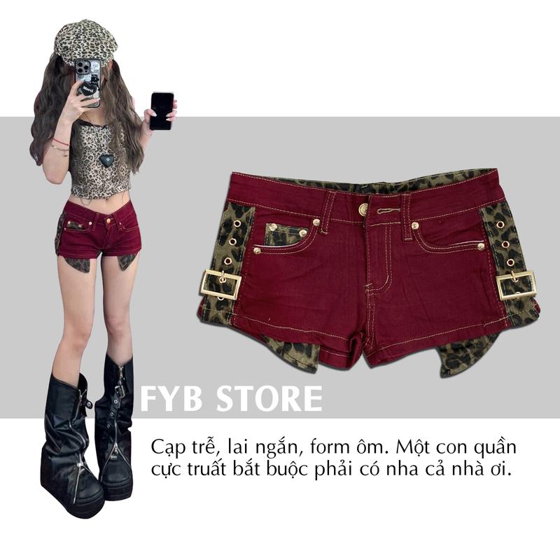 A14 - Quần short jean đỏ đô phối beo báo vàng lưng thấp đùi ngắn cạp trễ ôm dáng kaki cá tính đi nhảy dance trendy đẹp