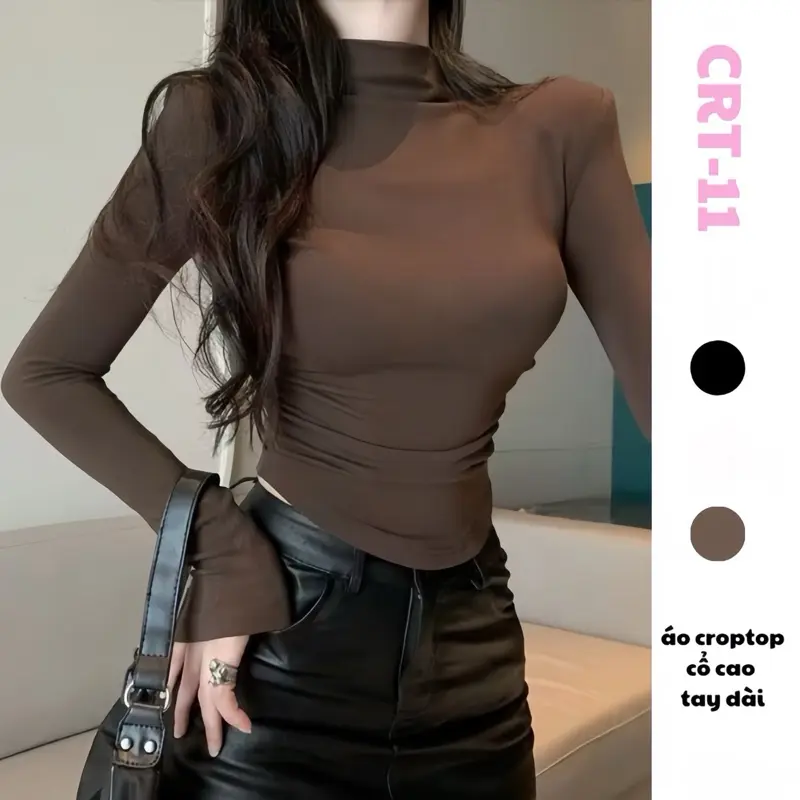Áo croptop tay dài cổ cao 3p mới 2024 thời trang crt Nữ Nâu Thun A2 Voi Women Voan Shirt Jean Kem 0