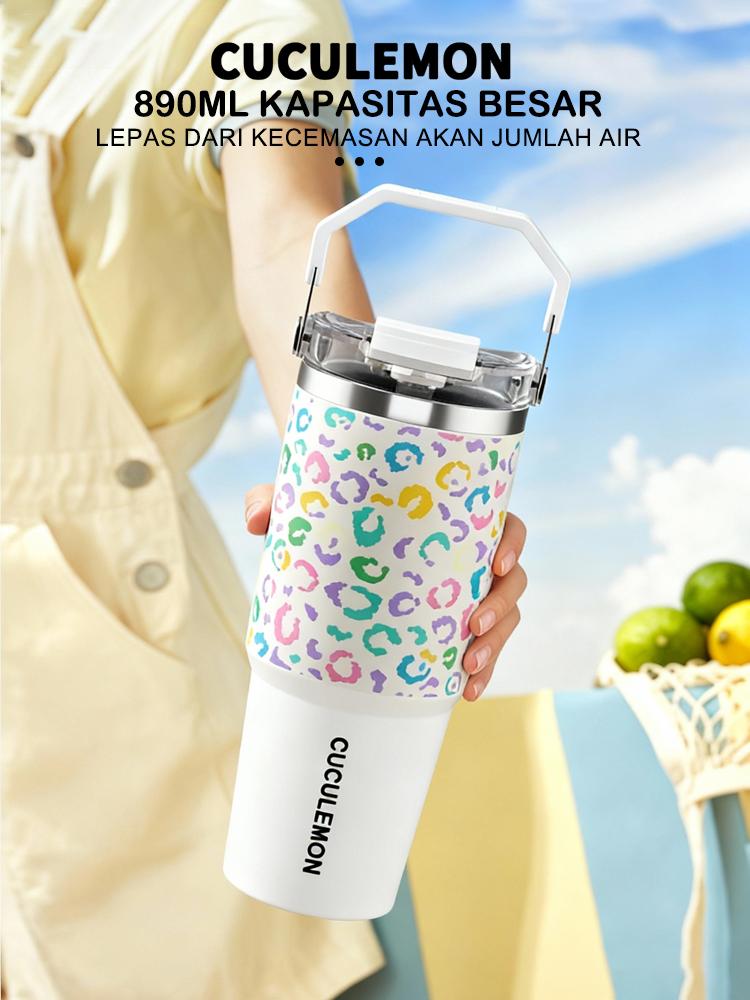 Cuculemon Tumbler Stainless 890ml | Vacuum Flask Hot & Cold 24 Jam, Anti Bocor, Dengan Sedotan & Handle, Motif Sunflower / Lip Print Aesthetic tumblers stainless botol minum sport cup bottle tumbler lucu cewek tumblers hydropack