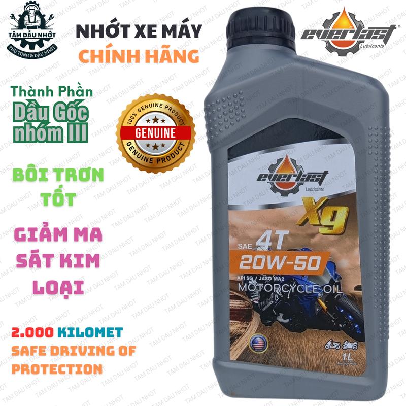 Combo Nhớt Xám Everlast X9 20W50 SG 1L, dùng cho các dòng xe máy hoạt động liên tục, chở nặng- Dầu, Dầu Nhớt