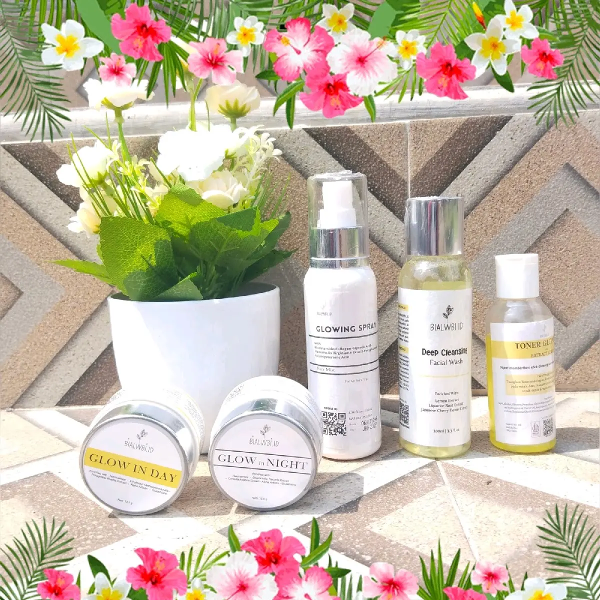 BIALWBI - [BUNDLE 5 IN 1] Glowing Toner - Deep Cleansing Facial Wash - Glowing Spray - Glow In Day Cream - Glow In Night Cream ( Get 5 PCS Without Glowing Booster Serum ) Mencerahkan Wajah Niacinamide