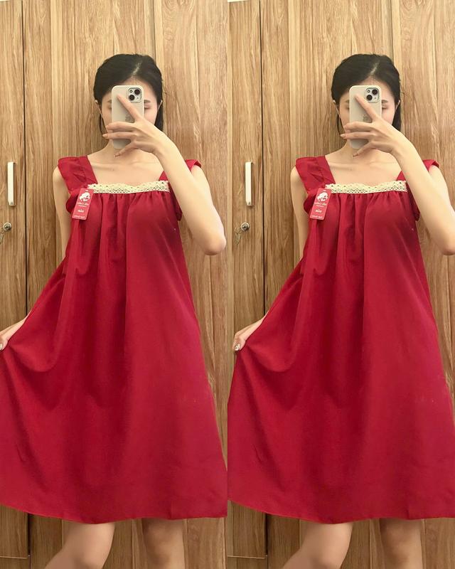 Đầm dự tiệc Cổ Vuông tay cánh tiên Đính nơ Lưng chất Lụa hàn mềm mịn, váy ngủ dáng xòe size 40 - 58kg Nữ Nhung Women Voi Dress