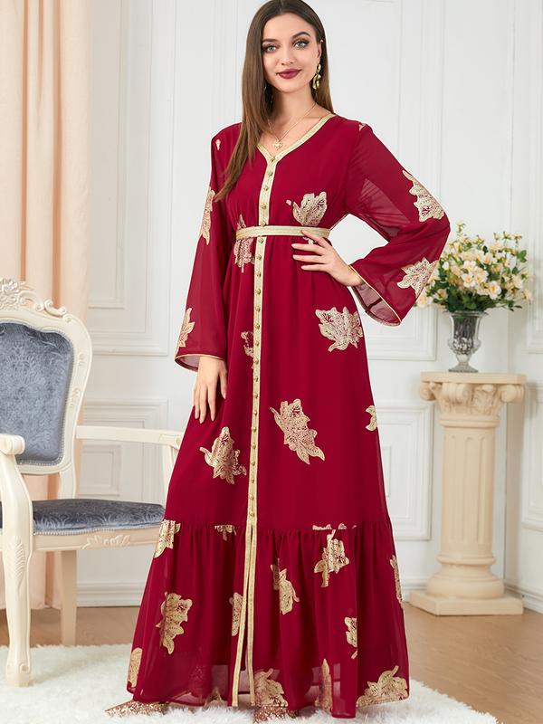 Baju Raya Middle East Dubai Muslim women's clothing with belt abaya fashion high-end hot stamping dress 4