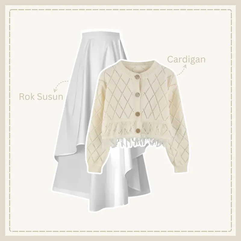 OOTD Wanita Girl'ds 2in1 Korean Style Nyaman | Cardigan Rajut Rawis + Rok Susun Putih Panjang EA103 one set vintage 3