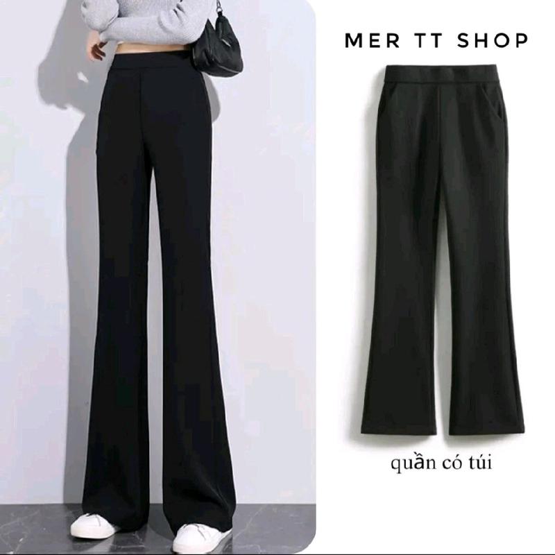  Quần dài legging ống loe 2 Có Túi trước nữ cạp cao tôn dáng ôm gọn vải coton 4 chiều dày Đen Thun Women Voi Ong Pants OL  