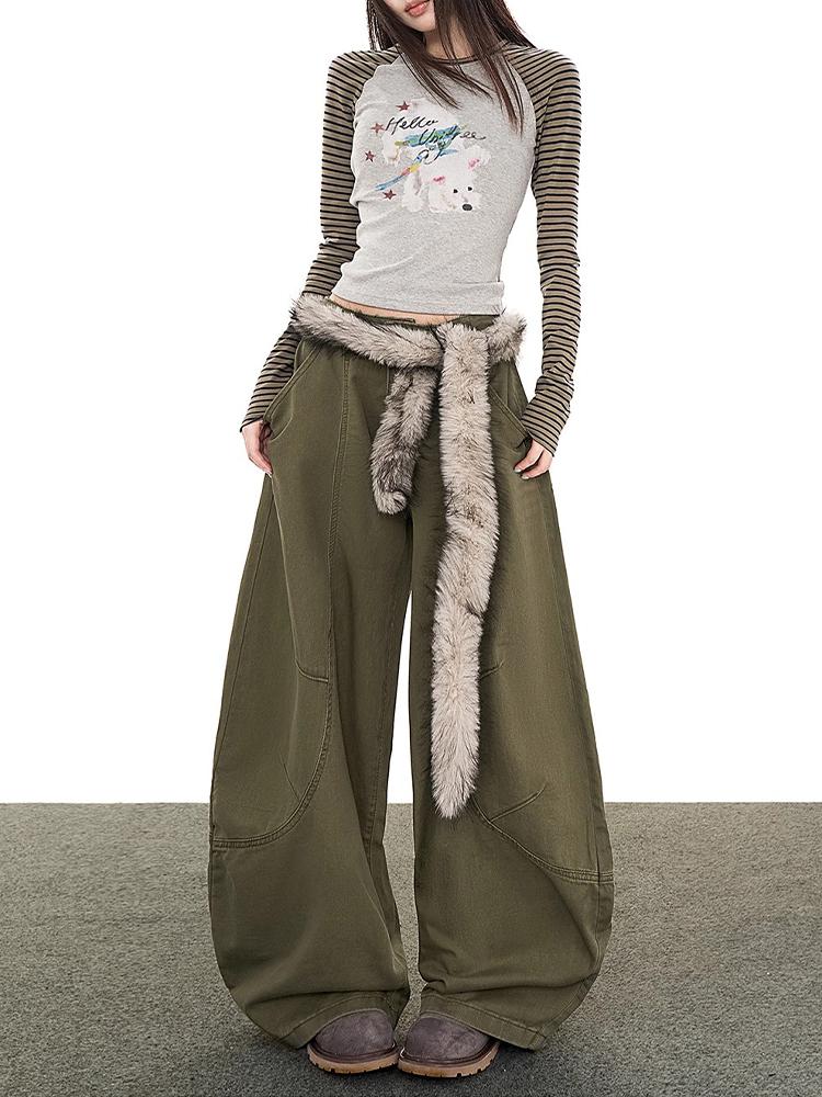 KoKo Jeans-กางเกงยีนส์สีเขียวทหาร OOTD สไตล์อเมริกัน หลวมขาบานทรงกล้วยโค้งสำหรับผู้หญิง