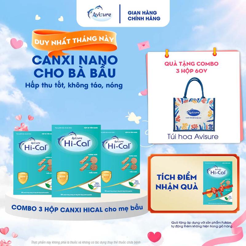 Combo 3 hộp canxi cho bà bầu Avisure Hical 60v bổ sung Canxi Nano Hydroxyapatite cho mẹ bầu, mẹ sau sinh  Hỗ Trợ Dự Phòng Thiếu Hụt Canxi, Hỗ Trợ Xương Răng Chắc Khỏe