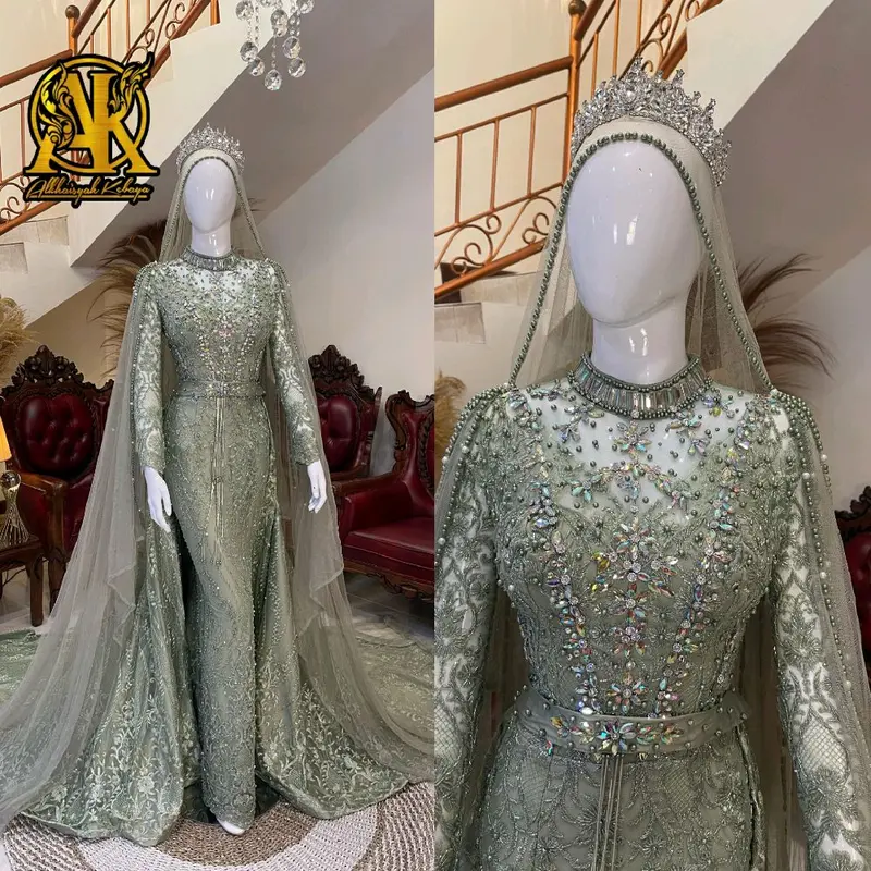 Gaun pengantin slim full payet ekor lepas pasang Mewah wedding Dress Pernikahan 0