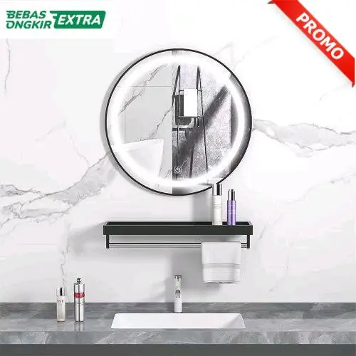 Cermin Kaca Lampu LED Bathroom Shelving Frame Aluminium Dengan Ambalan Rak Gantungan Handuk 60 Cm - Black ( Kualitas Tinggi )