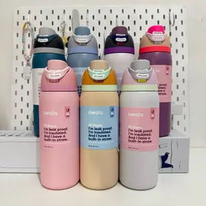 Owala Freesip 24oz 32oz Insulated Stainless Steel Water Bottle with Locking Push Button Lid 1:1 mirror Botol Vacuum + Pembersih Sedotan