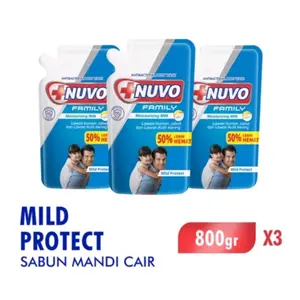 (3 pcs) Nuvo Family Sabun Mandi Cair Mild Protect Biru Kemasan Baru Pouch 800gr Bodywash