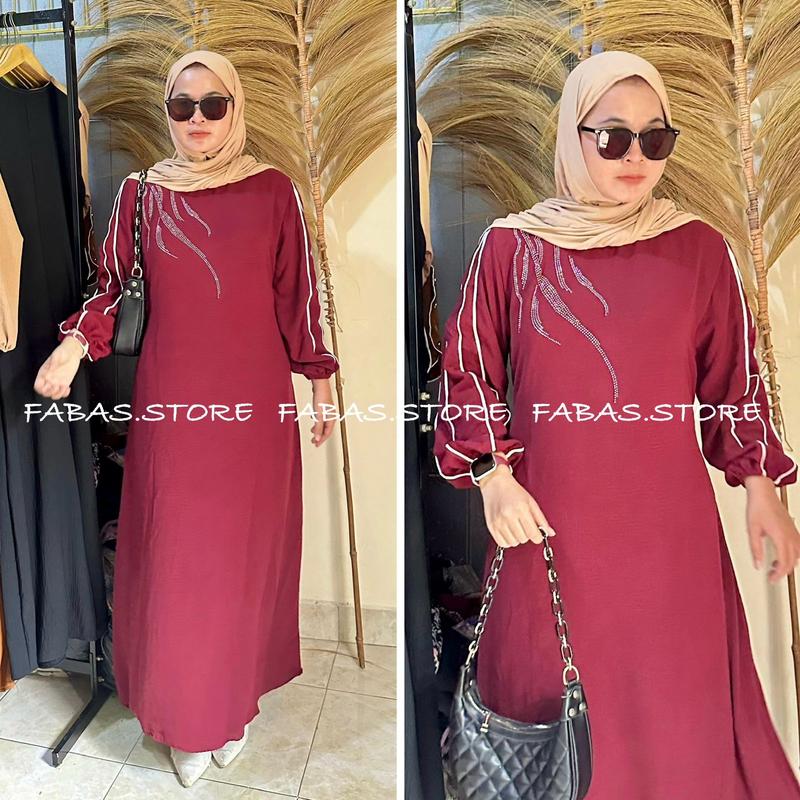 Azkya Dress  Gamis Cringkle Airflow mix Swarosky premium Wanita Muslim Kain Crinkle Flowy Nyaman Panjang Wudhu Lebaran Simple 5