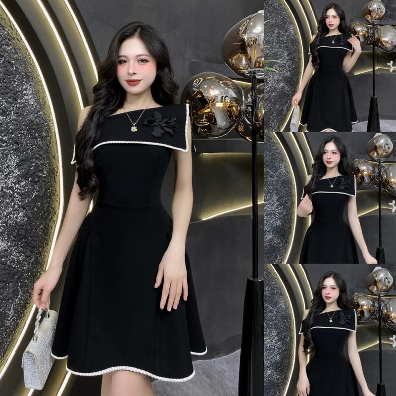 EV31 - Váy Thiết Kế Evii dành cho nữ, Đầm thiết kế lệch vai phối viền ren, hoa may liền, xếp ly phần hông dáng A xòe dài phù hợp đi chơi và đi dự tiệc. Có Bigsize Women Dress