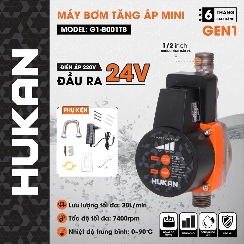 Máy Bơm Tăng Áp Hukan G1-BT 001TB Công Suất 200W Nguồn 24V Dùng Cho Vòi Tắm Máy Giặt Chính Hãng Hukan