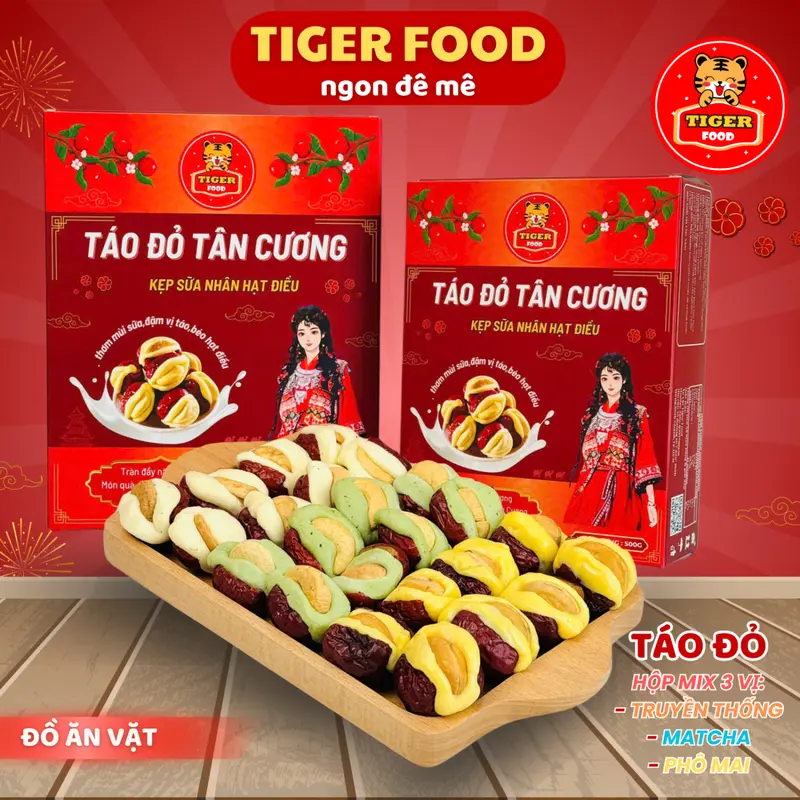 [ 1KG TÁO MIX 3 VỊ ] Táo Đỏ Kẹp Sữa Nhân Hạt Điều TIGER FOOD Táo đỏ Tân Cương kẹp sữa nhân hạt điều Mix 3 vị Matcha - Phô Mai và Truyền Thống - Đồ ăn vặt - bánh kẹo tết 2025 snack thức ăn Nuts 0