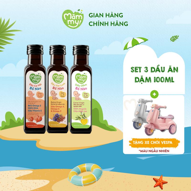 AFF-[Tặng VESPA PHIÊN BẢN MỚI] Set 3 dầu ăn dặm Mămmy (cá hồi, hạt lanh, Olive), chai 100ml Cho Bé Vitamin