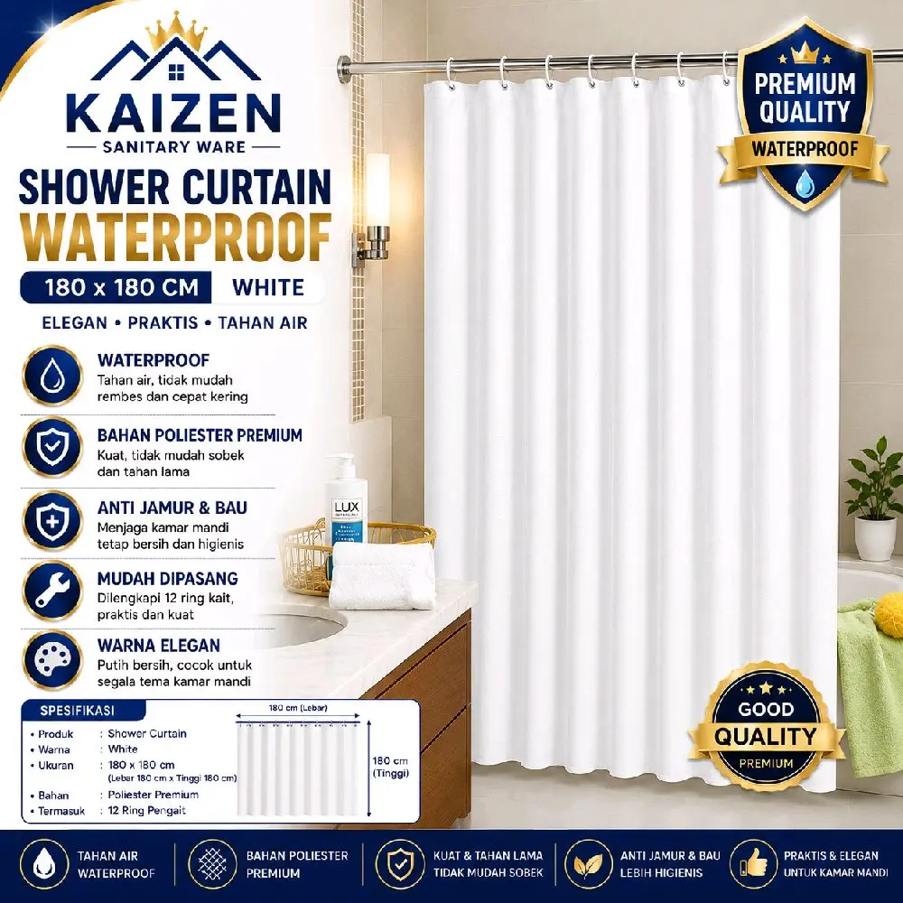 Shower curtain uk 180x180 cm putih dan ivory/tirai kamar mandi