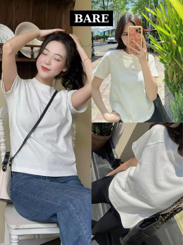 BARE_Áo thun Baby Tee tay RAGLAN trơn dễ phối đồ, Áo phông nữ siêu đẹp chất thun Cotton 2 chiều 250gsm - A195 Top Women Cổ Tròn Trắng