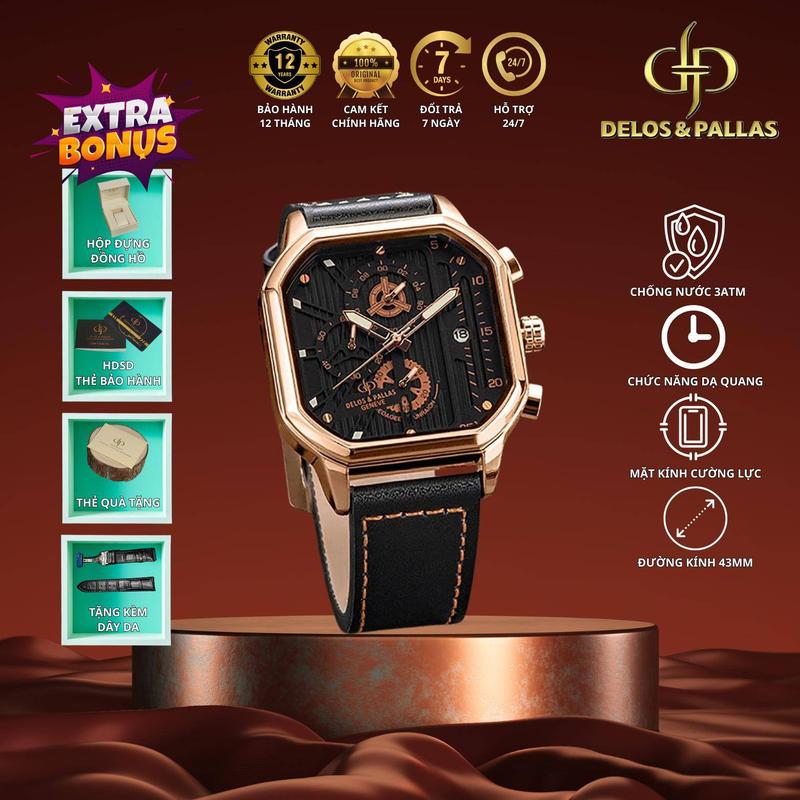 Thụy Sĩ DELOS & PALLAS - Đồng hồ nam S1077 – Chống nước 3ATM, thiết kế bát giác, phong cách trẻ trung thời trang, 3 kim chronograph, dạ quang, mạ IP, dây da dày và chắc chắn, phong cách punk mạnh mẽ SHOP VN-2