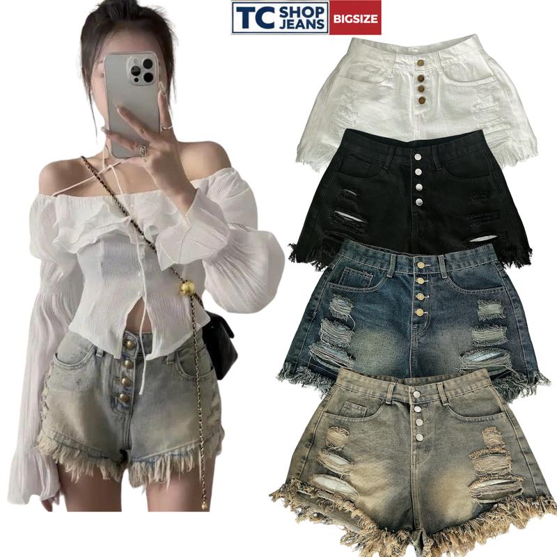 Quần jeans đùi nữ xinh 4 nút rách kiểu TC SHOP JEANS bigsize 40-90kg 4 màu MS 1093