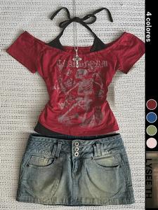 Camiseta casual de moda halloween Y2k para mujer con estampado de calavera y tirantes atrás