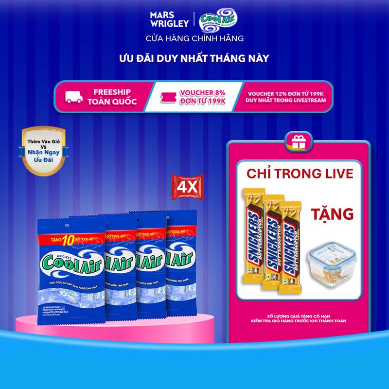 CHỈ TRONG LIVE - Tặng 3 Thanh Snickers & 1 Hộp thủy tinh Combo 4 Túi Kẹo Candy Sing-Gum Cool Air Hương Bạc Hà - Khuynh Diệp 400 + 40 Gói x 2 Viên Kẹo