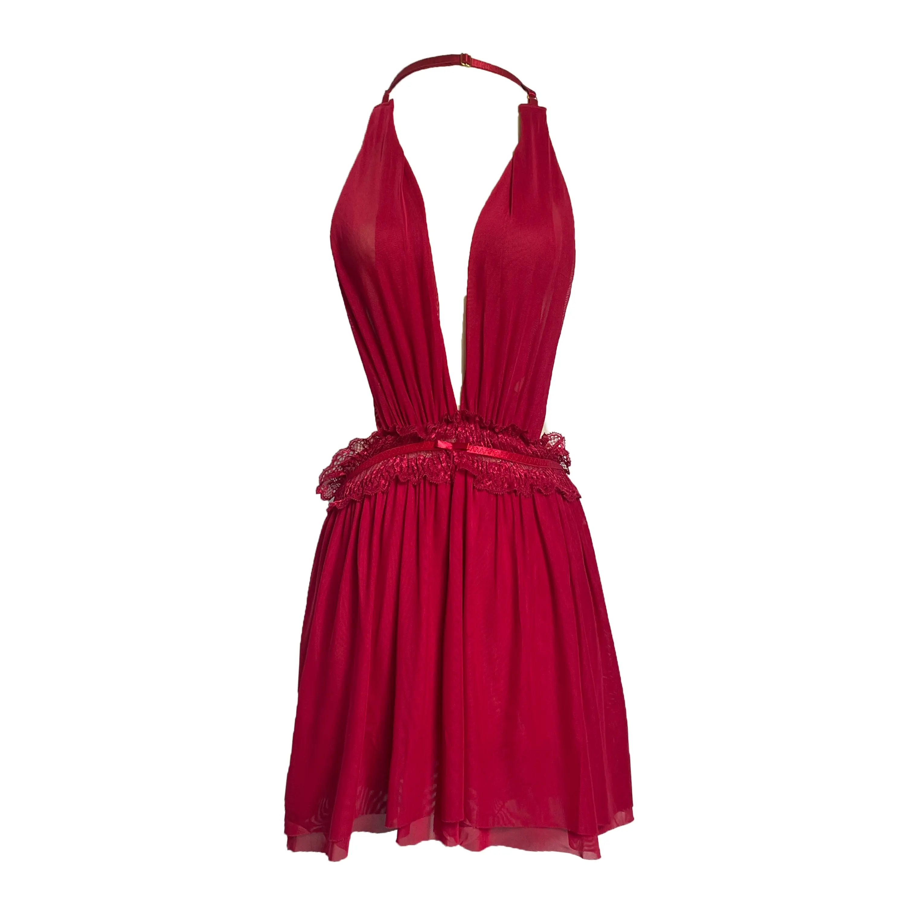 [ RedPink ] Gaun Mini Dress Lingerie Charming Cute Seksi Hot Women Dewasa Highclass Desain Transparan Premium Halterneck For Adjustable Type Waist StrechCorak Lace Flowewr Romantic Low Back Desain Free G-Stirng Colour Sweet Manja Sifon Good Quality XSN