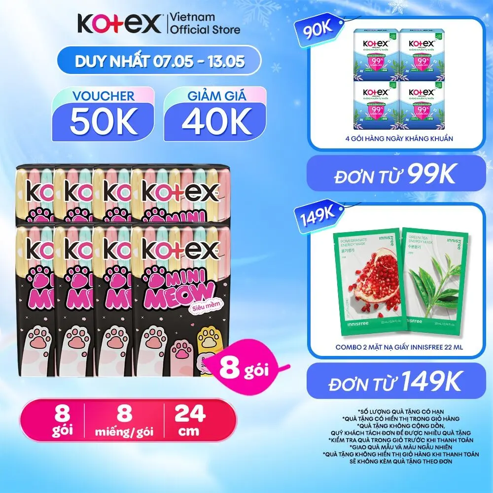 Lốc 8 Băng vệ sinh Kotex MiniMeow Siêu mềm siêu mỏng cánh 8 miếng