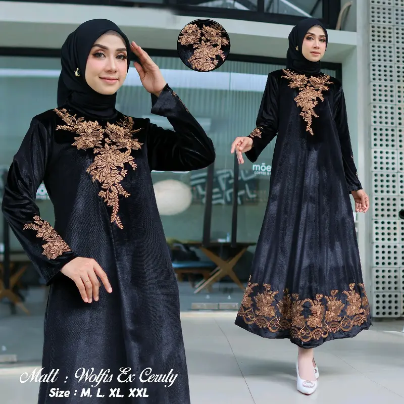 Gamis Abaya Bludru Premium Motif Bunga Mawar Terbaru Mewah Cantik Muslim Wanita Hitam Arab Dress Turki - Syari,Remaja Tangan Lembut Bordir 0