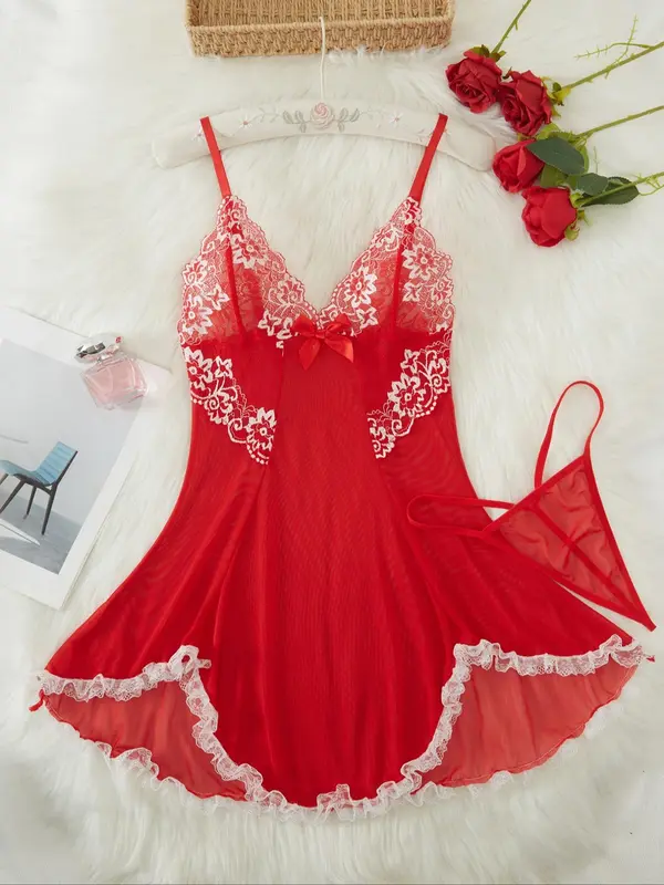 Women's Cami Nightdress & Panty Sexy Sleepwear Two-piece Set, Spaghetti Strap Nightgown & Panty Set, Ladies Sleepwear for Summer 4